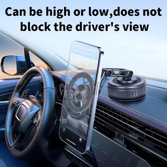 Magnetic car phone mount raised on the dashboard, phone high and clear of the driver's view